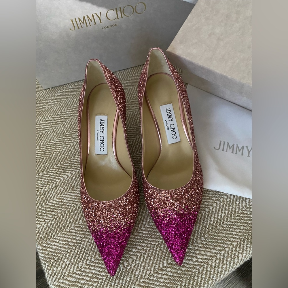 JIMMY CHOO Fucshia/Candy Pink Love 85 Horizon Glitter Pumps (Brand Size 36.5)